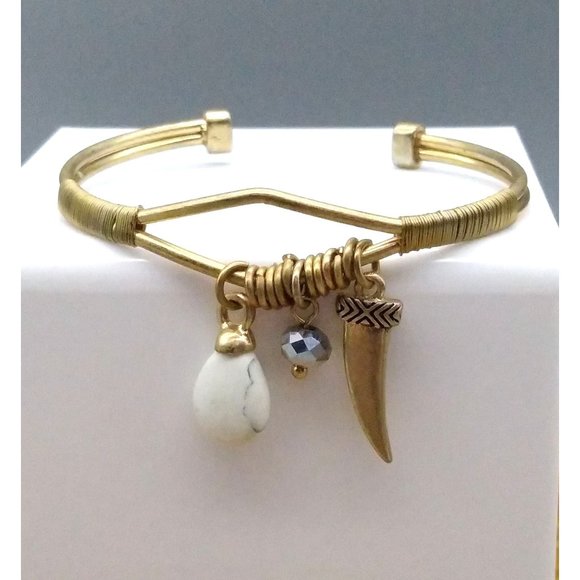 Lucky Jewelry - Vintage Lucky Brand Charm Cuff Bracelet with Howlite, Tooth and Crystal Bead